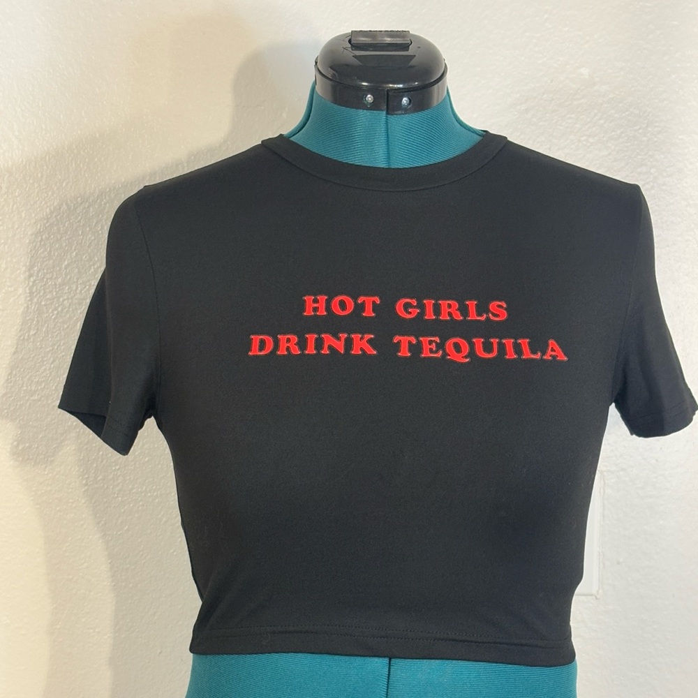 “Hot Girls Drink Tequila” Black Cropped T-Shirt – Small